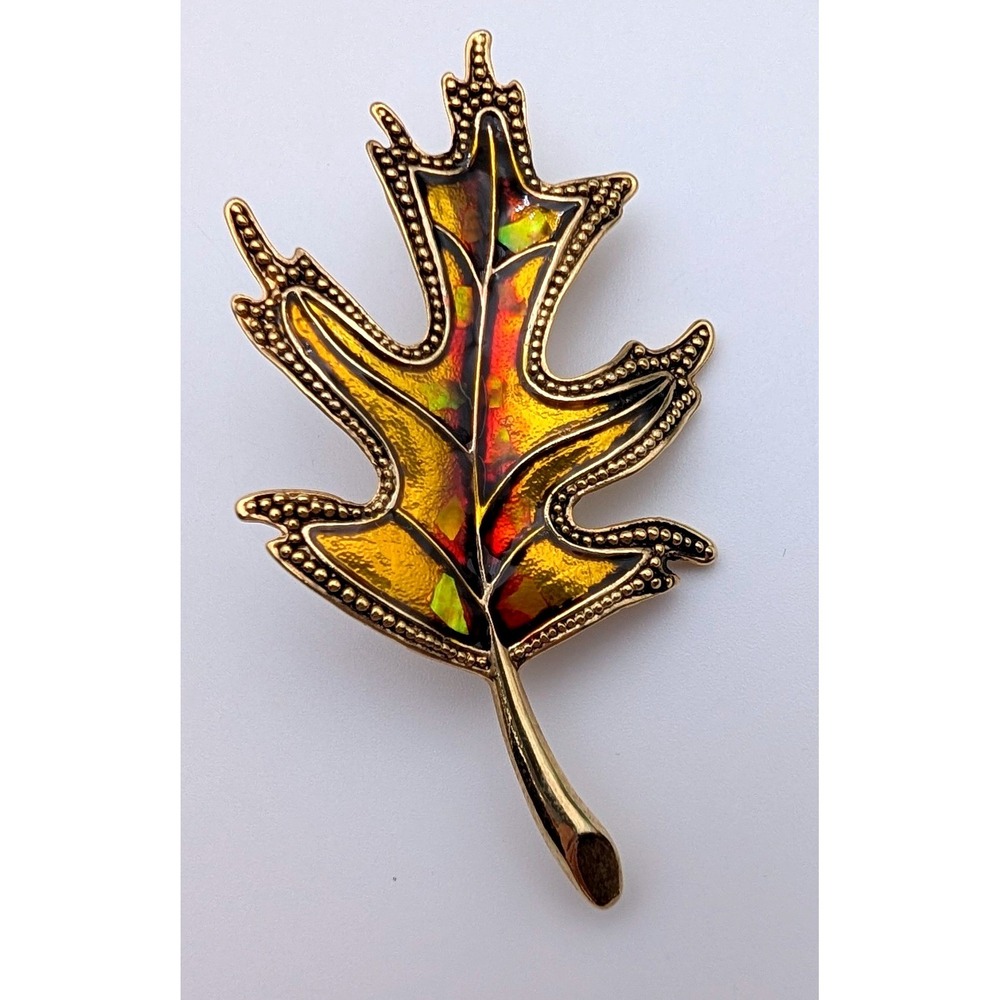 Vintage Style Gold Tone Enamel Oak Leaf Brooch Pin Amber Orange Fall Jewelry